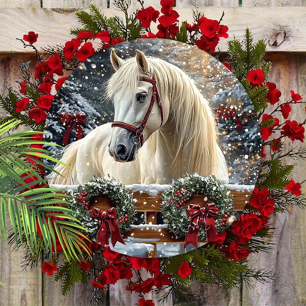 Warm Winter Wooden Christmas Sign with White Horse Pattern, Christmas Round Sign for Front Door Wall Hanging Decor, Ideal Christmas Gift