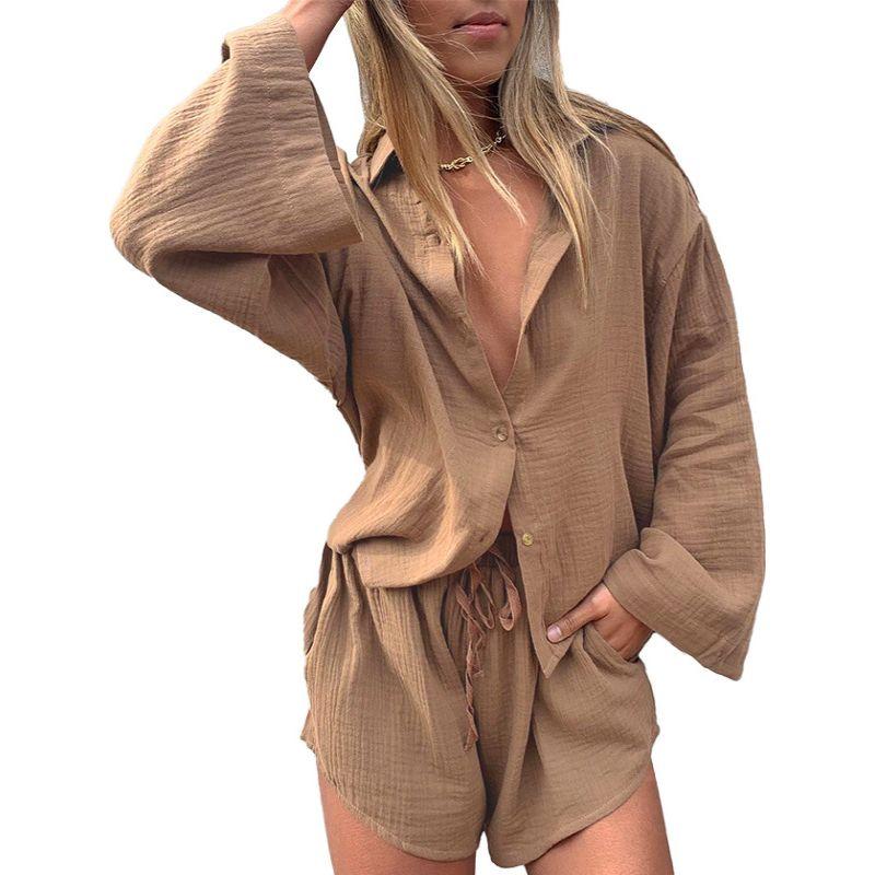 Loose Long Sleeve Shirt and Shorts Set Loose Long Sleeve Shirt Shorts Suit
