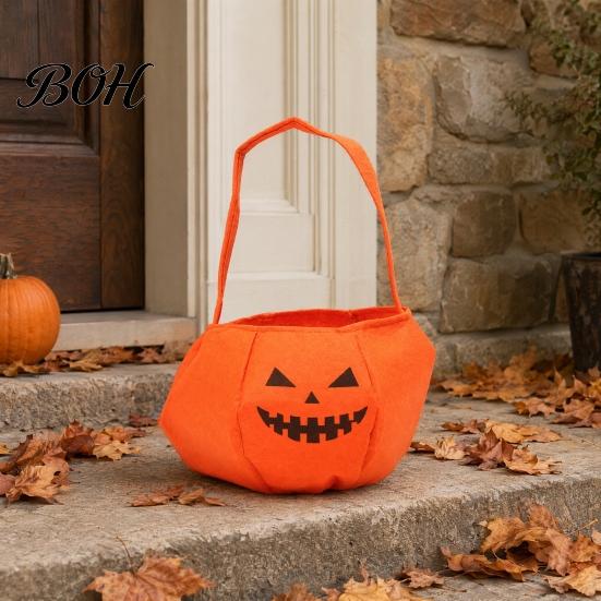 Halloween Gift Bag Pumpkin Candy for Kids, Small Trick or Treat Bucket, Reusable Soft Face Basket with Handle Party Decoration