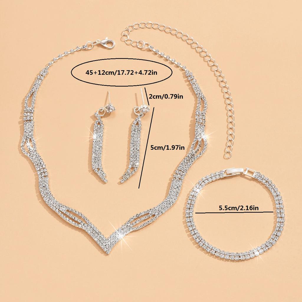 3/4PC Women's Fashion Zircon with Water Zircon Geometric Necklace Earrings Bridal Wedding Accessories