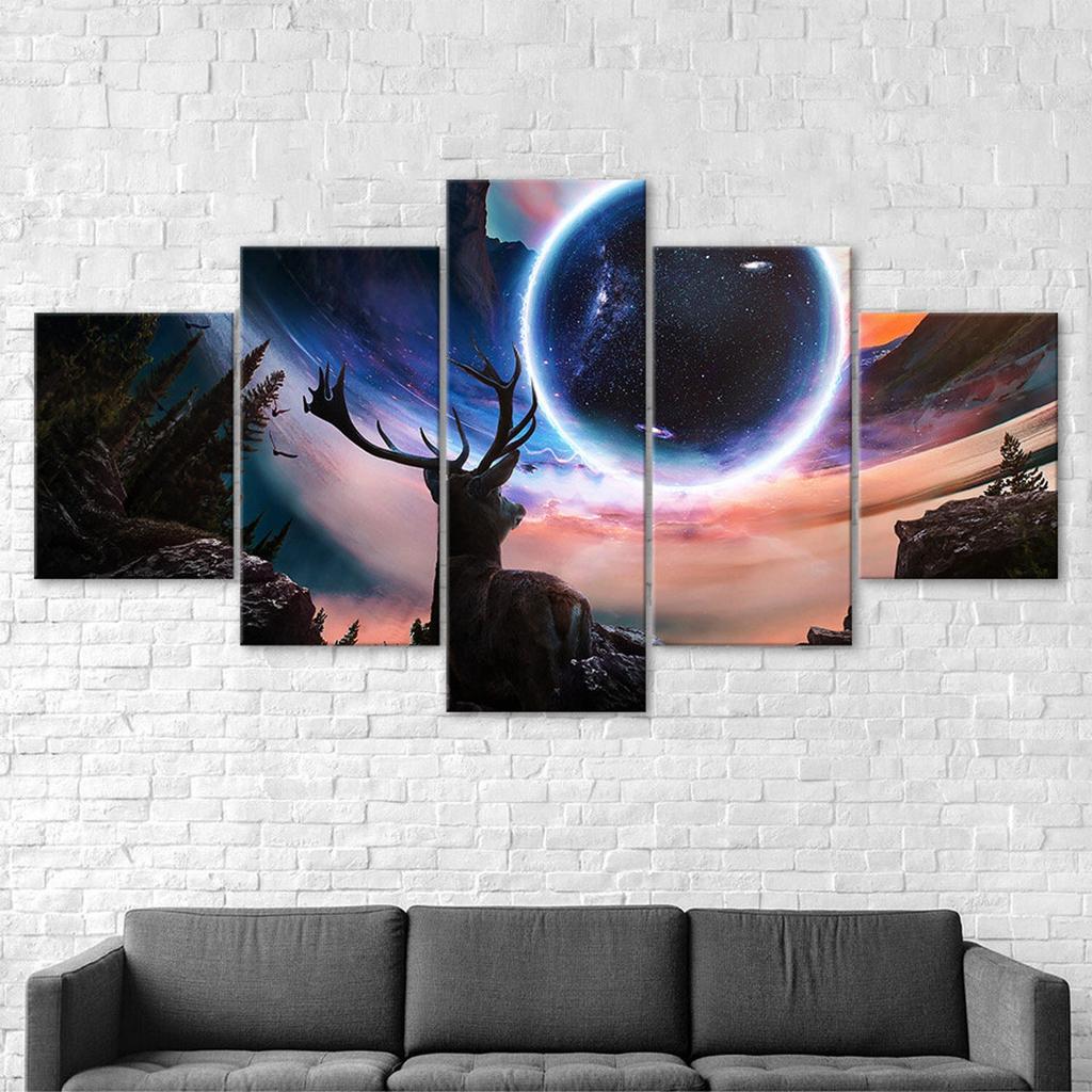 Deer Animal Mystical Cosmos Scenery 5 Piece Five Panel Wall Canvas Print Modern Art Poster Home Decor Gift For Him For Her