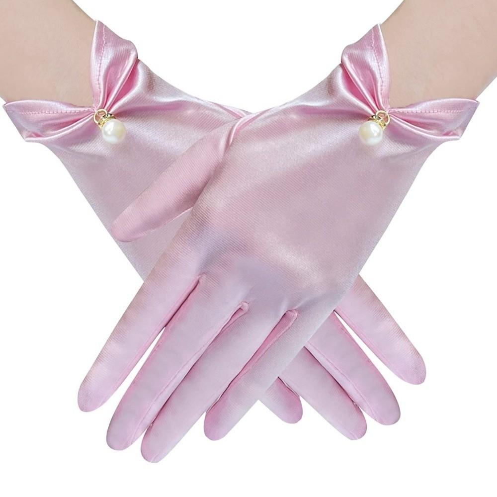 Pearl Decorative White Satin Bridal Gloves Wrist Length Women Silk Gloves Ladies