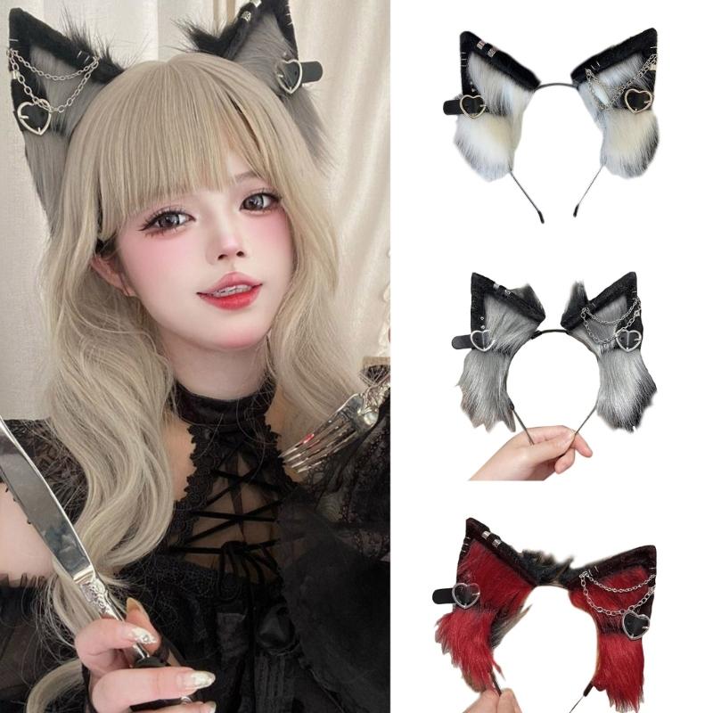 Anime Theme Gatherings Cat Ear Headband with Alloy Earring Movie Enthusiasts Plush Wolf Headband for Teenagers Adult