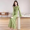 Green Field Slimming French Retro Bodycon Dress - Elegant Ribbed Long Sleeve