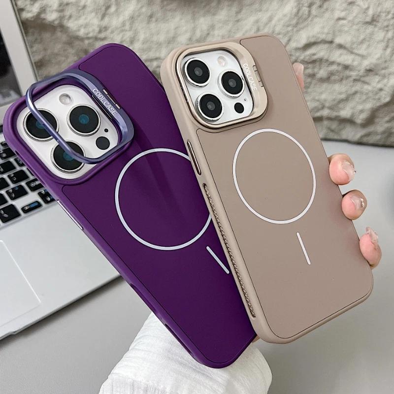 Trendy Silicone Magnetic Lens Stand Case for iPhone 16 15 14 11 12 13 Pro Max Plus MagSafe Compatible Shockproof Protective Case
