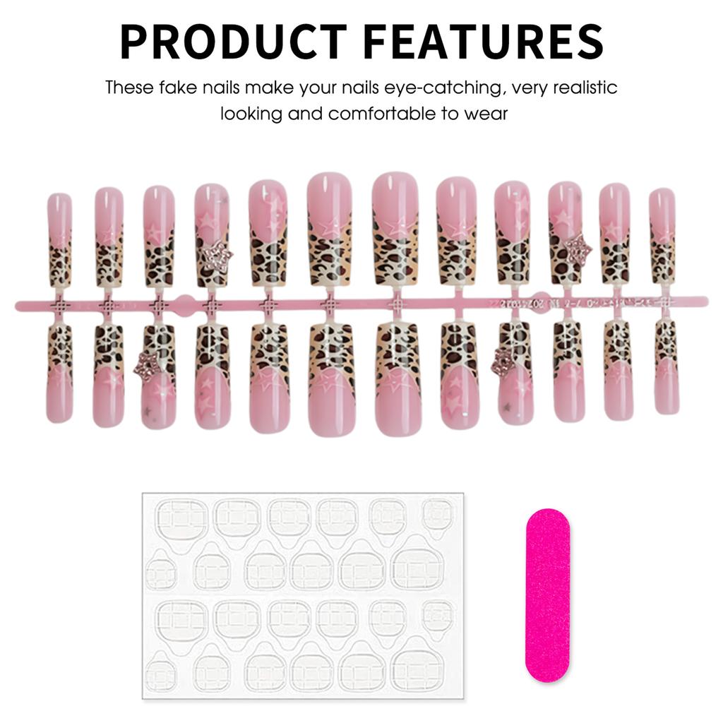 Pink Long False Nails with Leopard Tip Charming Comfortable To Wear Manicure Nails for Shopping Traveling Dating