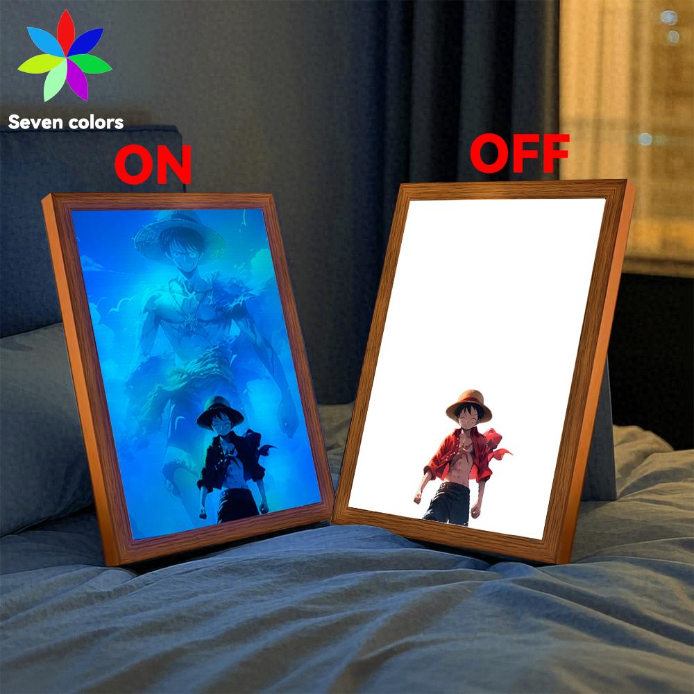 7 Color LED Night Light Anime Light Painting Photo Frame Luffy Zoro on One Piece Glowing Wall Art for Bedroom Office Decor Gift