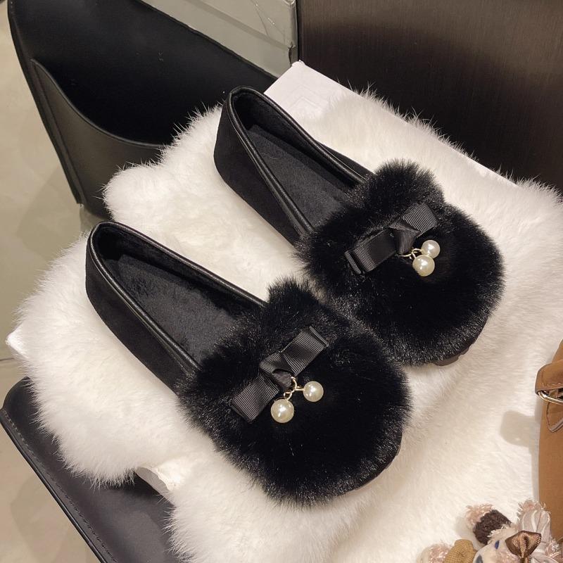 Large size women s shoes, 4 Mao Mao shoes, women s autumn and winter outer wear feeling, one pedal, velvet thick-soled warm Doudou shoes 43 чёрный