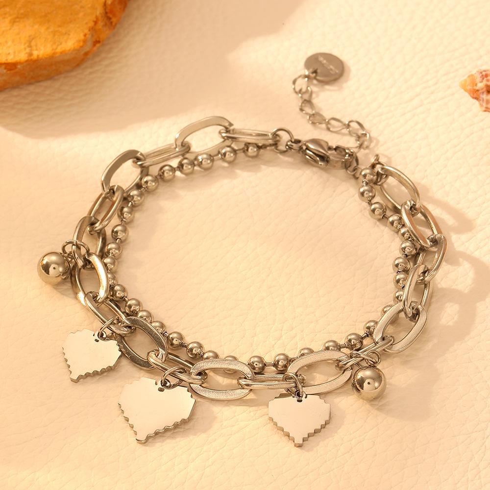 Luxury Double-Layer Stainless Steel Heart  Bead Bracelet for Women
