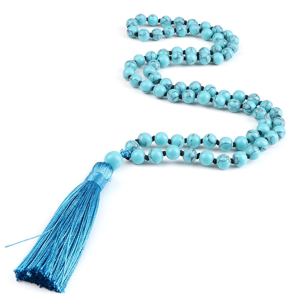European 8mm Stone Bead Tassel Necklace and Multi-Strand Buddhist Bead Bracelet