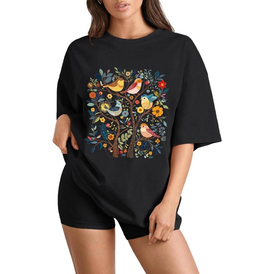 Wildflower Shirt Women Birds Shirts Boho Floral T-Shirt Summer Blooming Graphic Tee Colorful Nature Flower Tops XXXXXL разноцветный