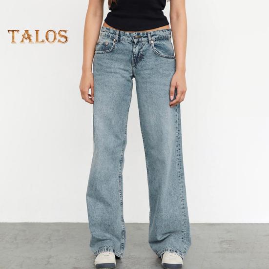 Damenhose mit Taschen, niedrige Taille, gerades, weites Bein, Knopf-/Reißverschluss, lange Hose für den Alltag und Reisen