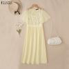 ZANZEA Women Casual Round Neck Mesh Splice Short Sleeve Loose Dress