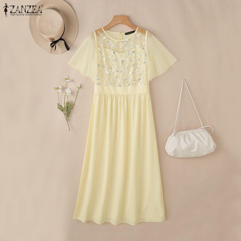 ZANZEA Women Casual Round Neck Mesh Splice Short Sleeve Loose Dress