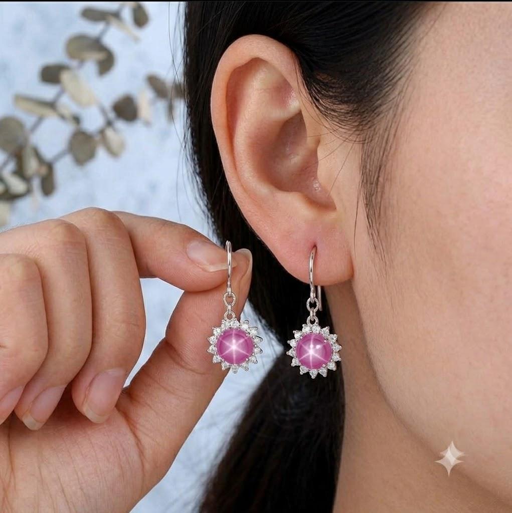 Pink Star Sapphire Earring With Moissanite Stone's 925 Sterling Silver, Flash Light Star Gemstone, Handmade Drop Earring, Birthstone Jewelry