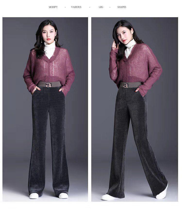 Dámské manšestrové kalhoty s vysokým pasem a širokými nohavicemi s fleecem - Pohodlné, volný střih pro podzim a zimu.