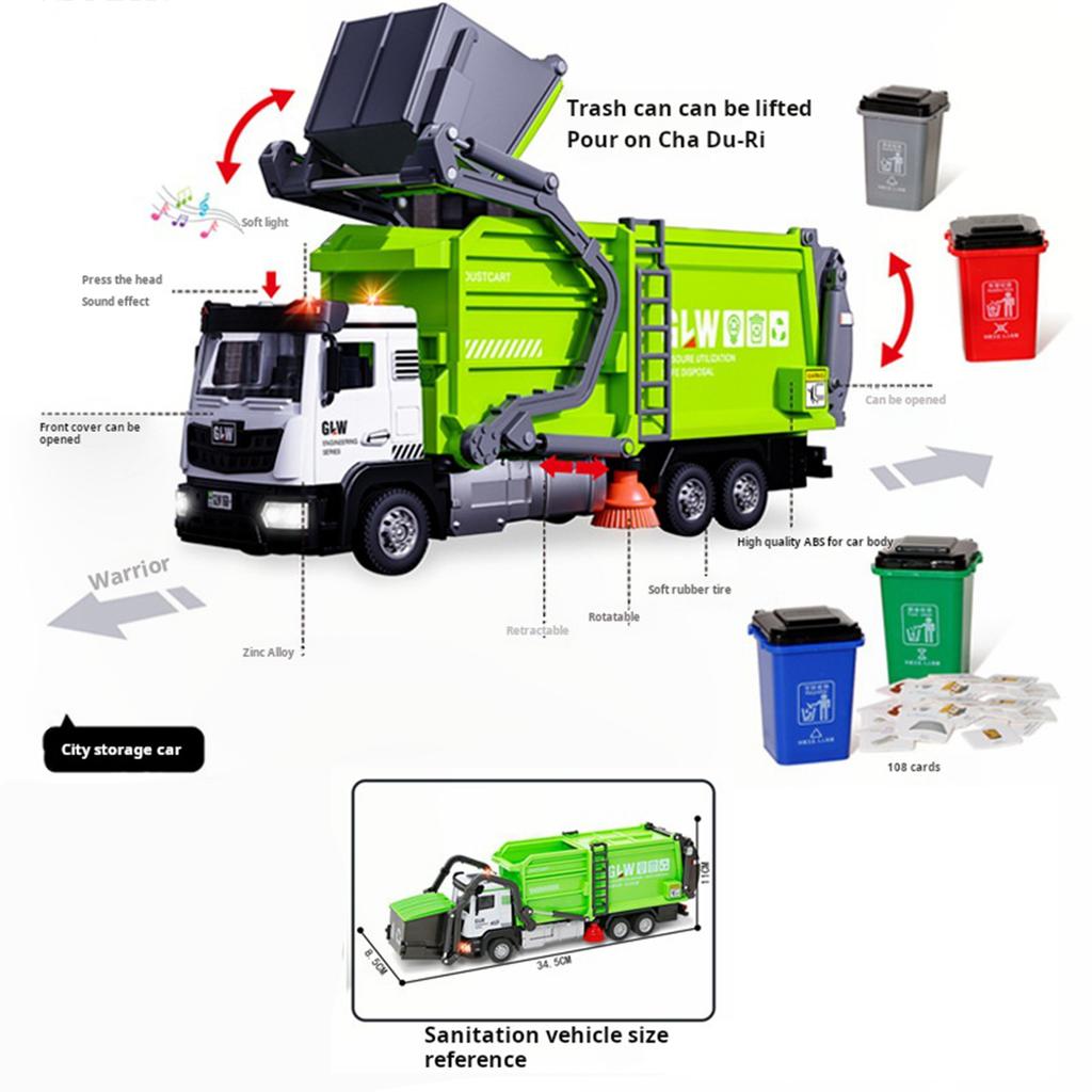 1:40 City Garbage Truck Model Simulation Diecast Water Tanker Sanitation Vehicle Sound and Light Toys for Children Gift