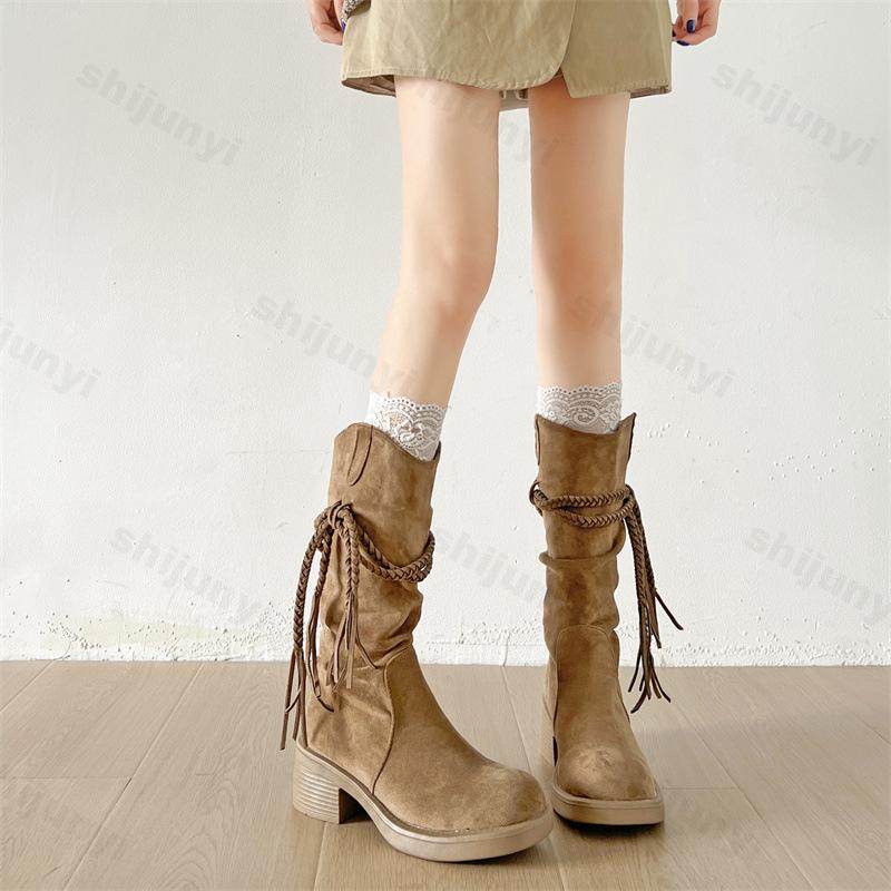 Damenstiefel Herbst 2026 Neu Runde Spitze Wildleder Leder Rutschfest Mode Retro Lange Stiefel Dicker Absatz Mittlerer Schaft Stiefel Botas Mujer