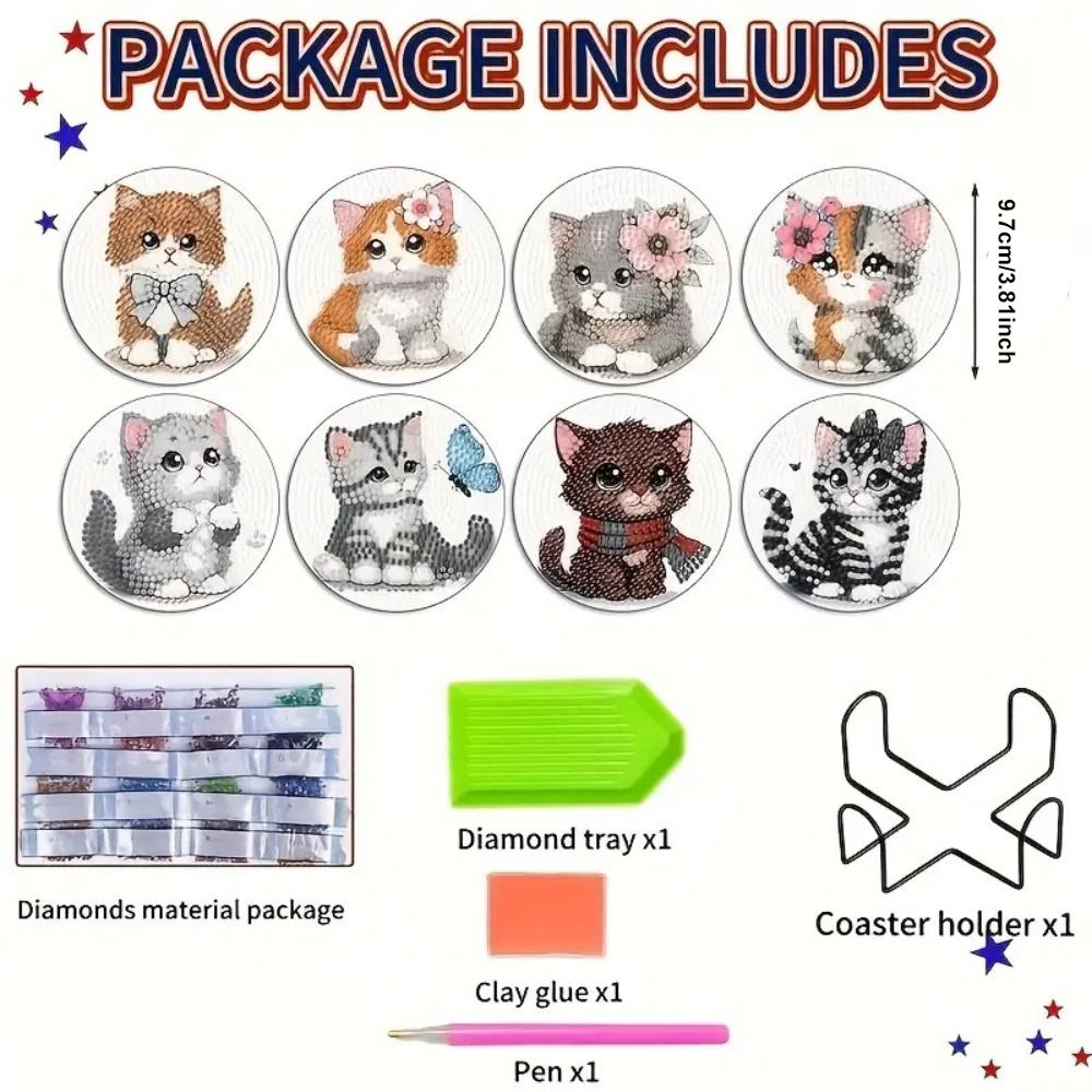 8 Pieces/set of Diamond Painted Cat Patterned Coasters, DIY Coasters with Holder, Suitable for Beginners and Adults, Art and Craft Supplies Gifts