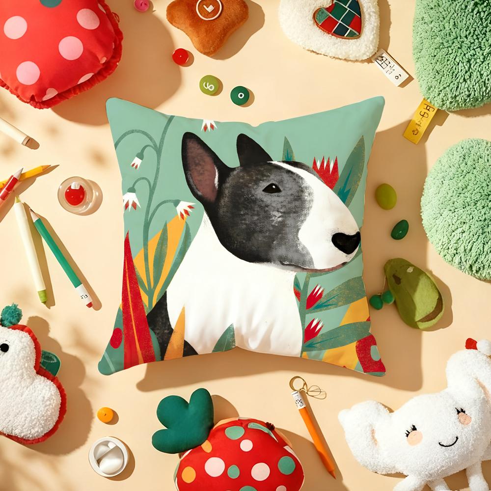 Cartoon Bull Terrier Series Pillow Case Plush Fabric Soft Double-Sided Printed Sofa Warm Winter Home Gift Cushion Cover