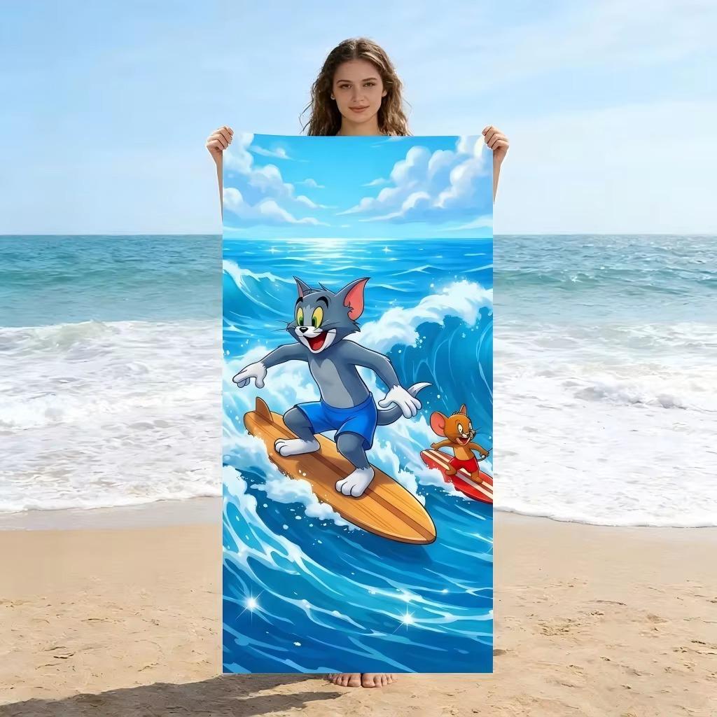 T-Tom and J-Jerry Surfing Ocean Wave Beach Towel Microfiber Quick Dry Absorbent Ideal for Swimming Camping Bathing Gift