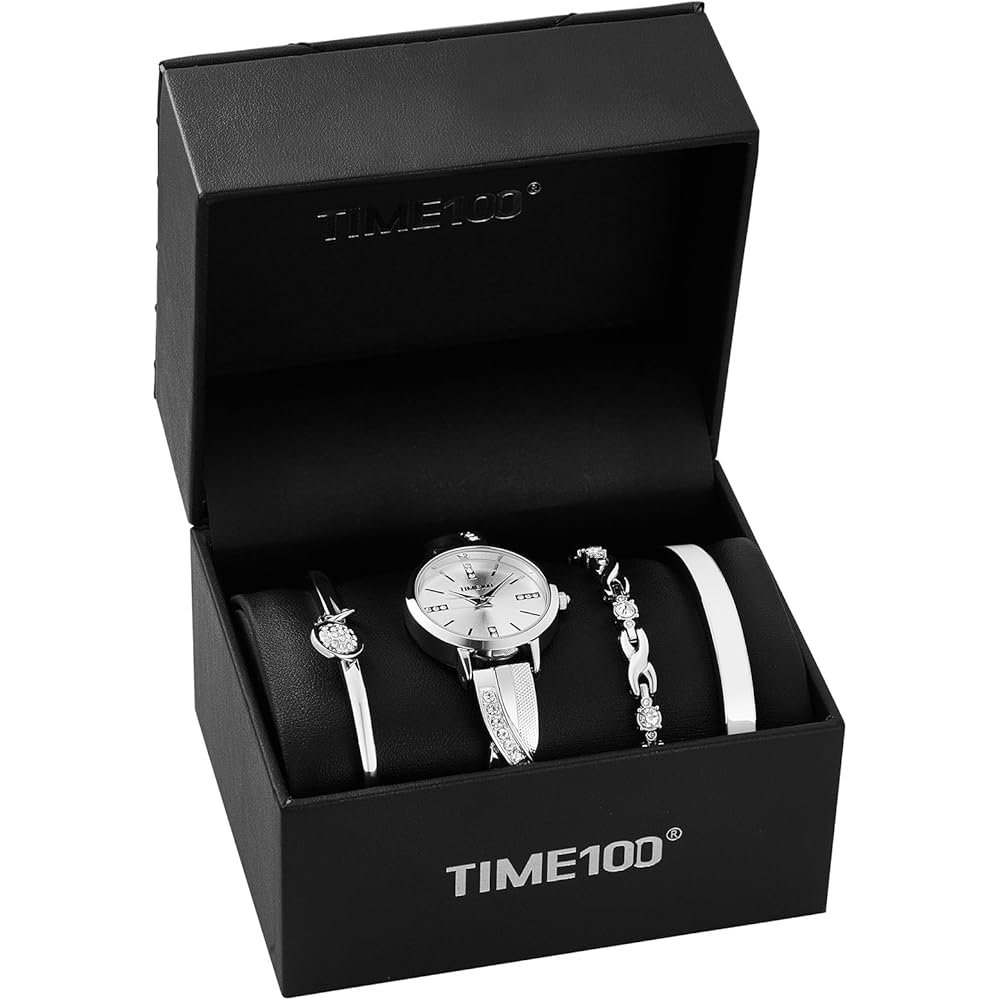 TIME100 Elegant Women's Watch Gift Set with 3 Bracelets Silver Quartz Watch Gift Wrapped