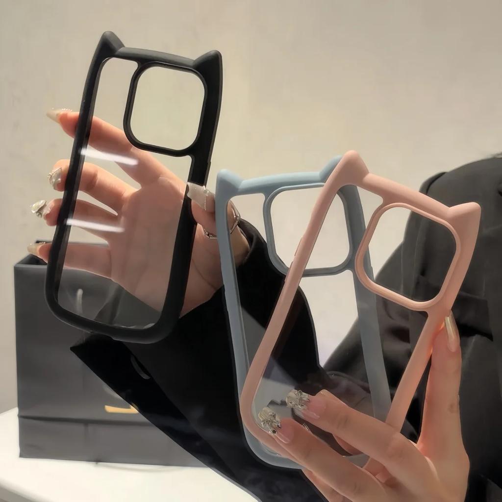 Cute Cat Ear Transparent Case For iPhone 17Air 12 13 14 15 16 Pro Max 11 Shockproof Acrylic Back Cover Silicone Kawaii Funda