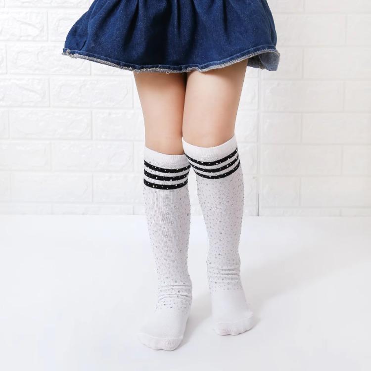 Glitter Rhinestone Kids Socks New Fashion Striped Mid-Calf Cotton Socks for Boys Girls Non-Slip Comfortable Children Crew Socks