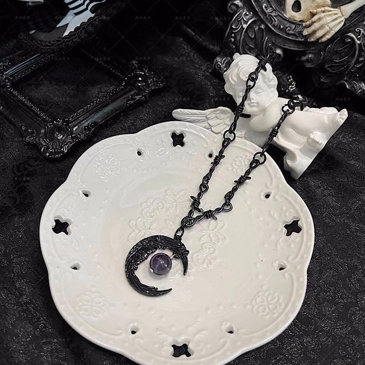 Sweet Thorns Gothic Halloween Necklace with Amethyst Moon