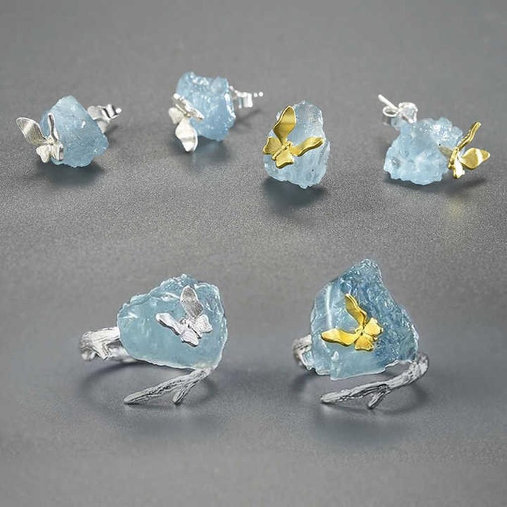 Adjustable Aquamarine Butterfly Ring with Big Gemstones Natural Stone Finger Jewelry Accessory for Elegant Women