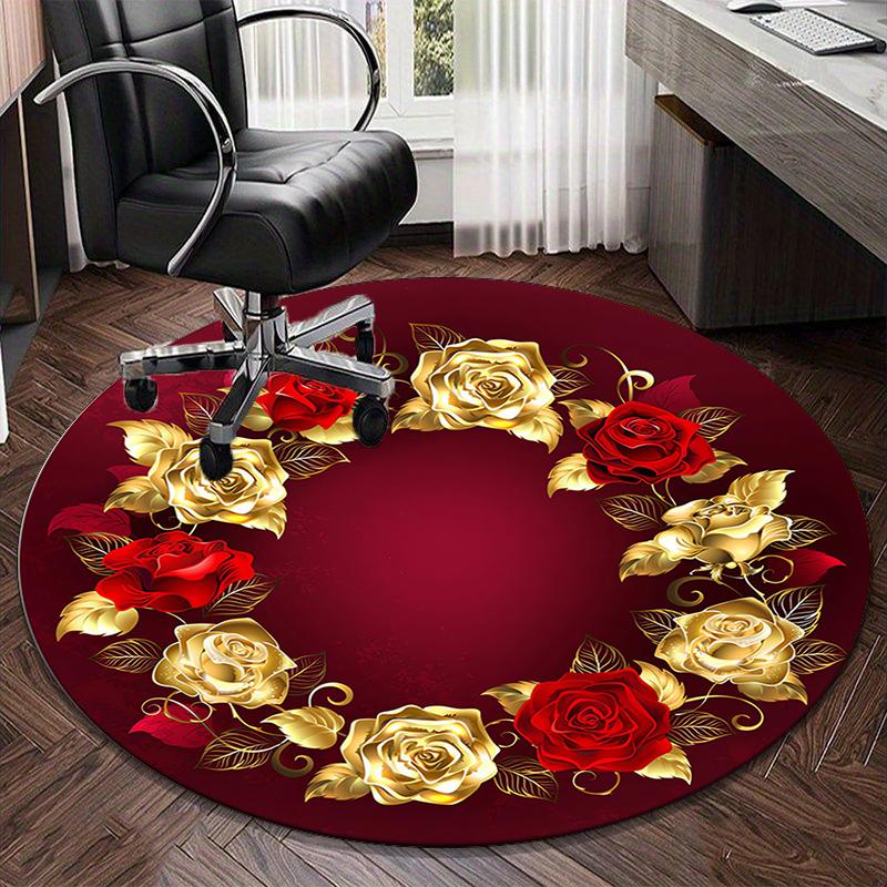Golden Rose Wreath Design round carpet Chair cushion Round Entryway Rug, Soft Round Rugs for Living Room, Bedroom, Circle Carpet decor gifts