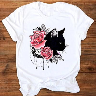 Fashion Women Pink Flowers Enchanting Cats Print T Shirt Funny Casual O-neck Short Sleeves T-shirt Summer Female Tee Shirt