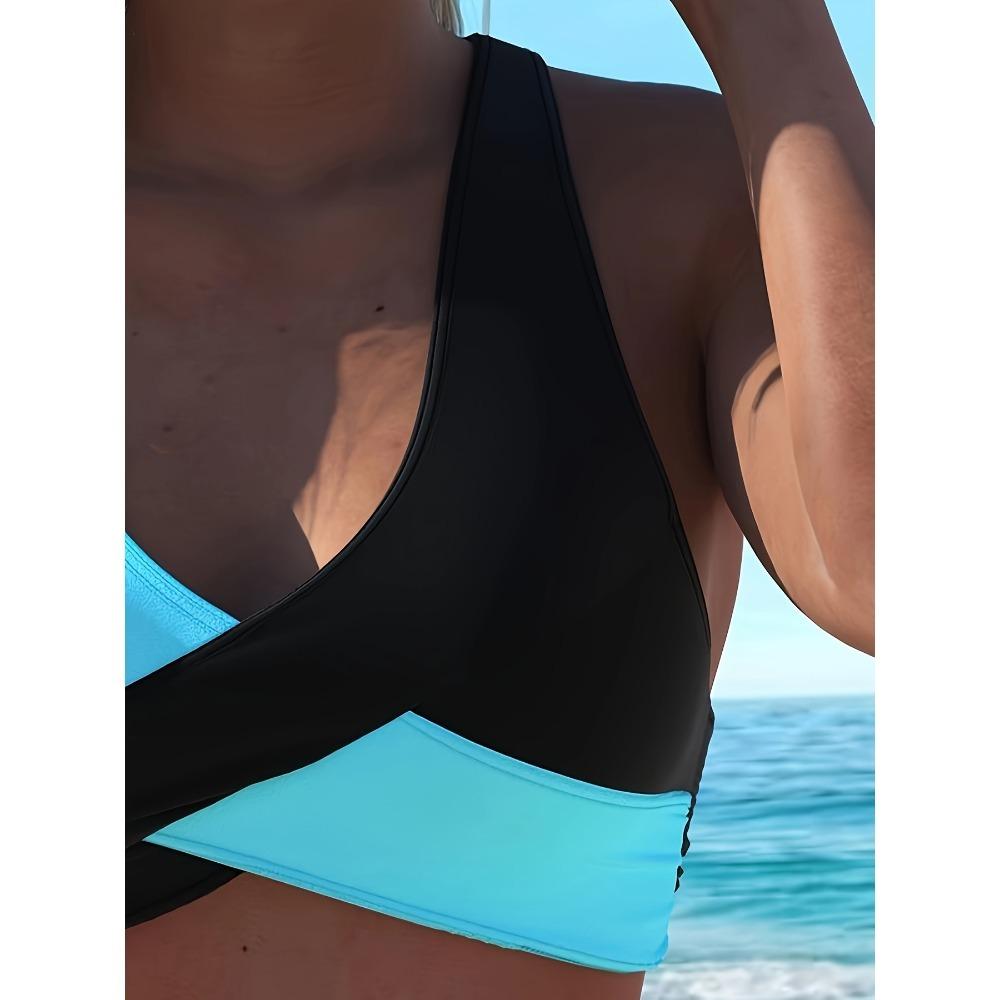 Farbblock Überkreuzter Rückenfreier 2-Teiler Bikini, Neckholder zum Binden, Dehnbare Badeanzüge, Damen Bademode & Kleidung