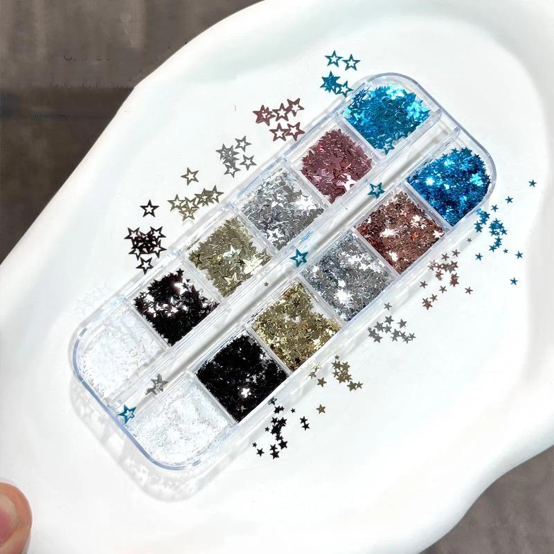 12 Grids Star Sequin Five-Pointed Star Colorful Nail Art Charm Sparkle 3D Nail Rivet Nail Decor Diy Manicure Accessories