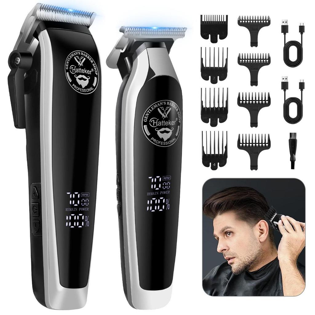 Hatteker Electric Clipper 2 PC Set 4-Level Power Digital LCD Display Men's Oil Head Sculpting with Precision USB Charge