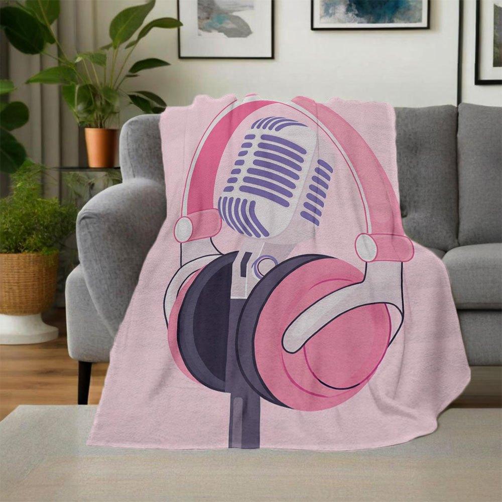 Pink Headphones and Microphone IllustrationBlanket Flannel Throw Blanket for Sofa, Bed, Travel, Camping, Office, Couch, Chair, And Bed Gift