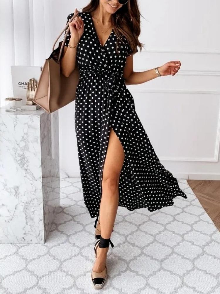 Summer Women's Fashion V-neck Dress Belt Slit Casual Loose Fitting Dress Versatile Solid Color Polka Dot Printed Dress