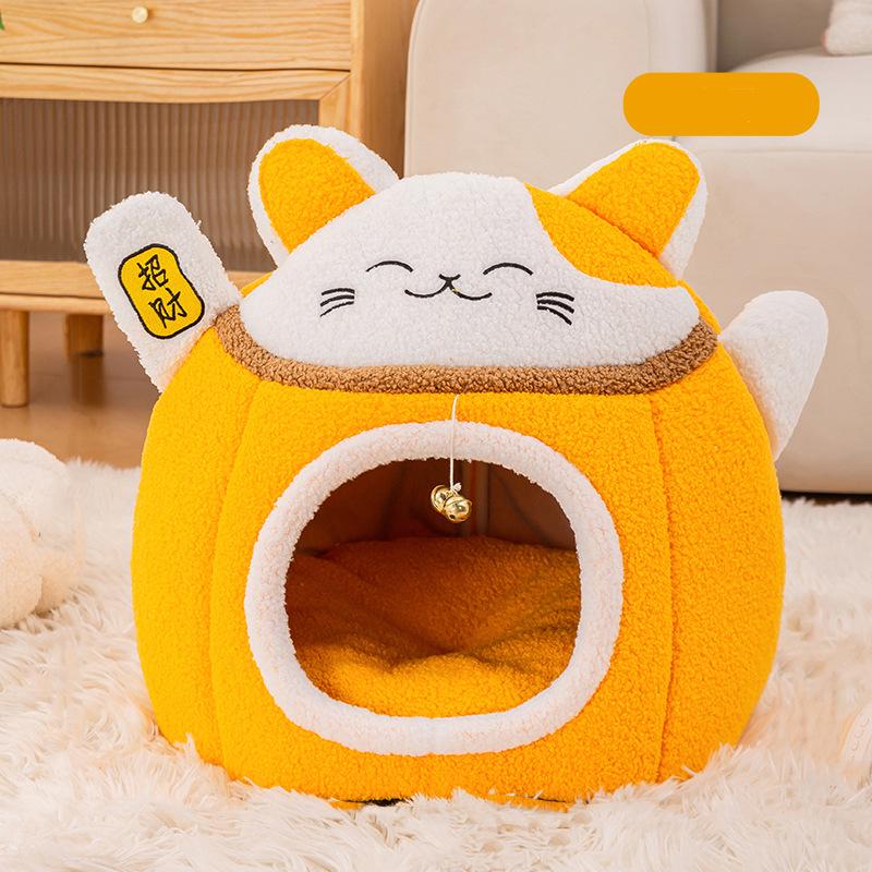 2025 New Plush Half-Closed Warm Winter Cat Nest with Bell