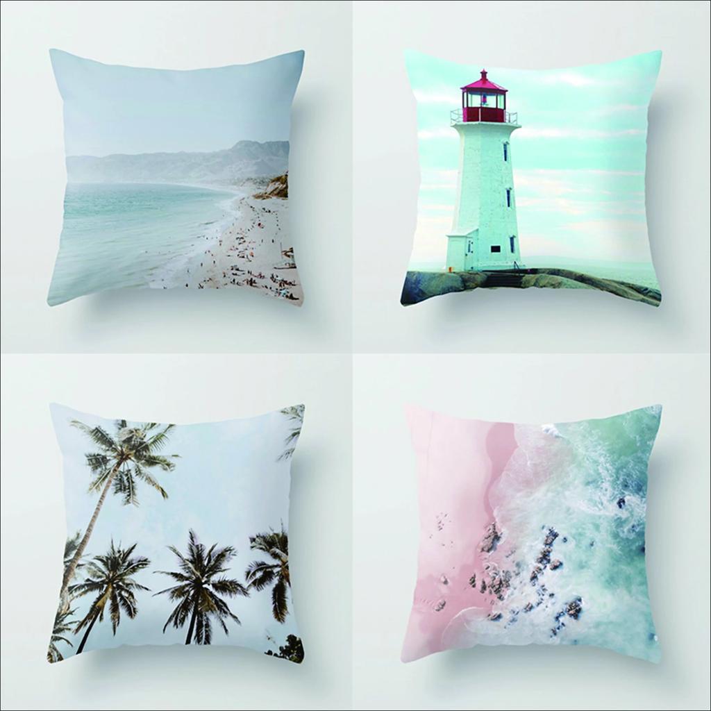 Summer Vacation Cushion Cover Pink Beach Wave Mountain Sofa Pillowcase Bedroom Home Car Office Accessories