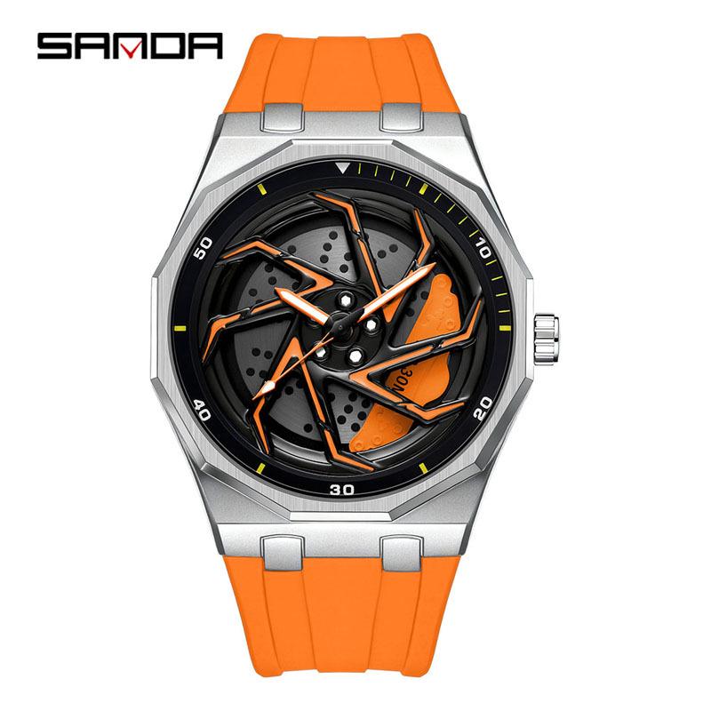 Sanda Men's Waterproof Alloy Car Wheel Design Silicone Wristwatch