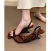 Retro Leopard Print Word with Wedge Heel Sandals Feminine Temperament High Heels with Skirt Shoes