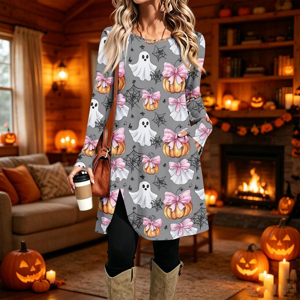 Women's Casual Printed Long Sleeve Neck Dress for Daily Wear