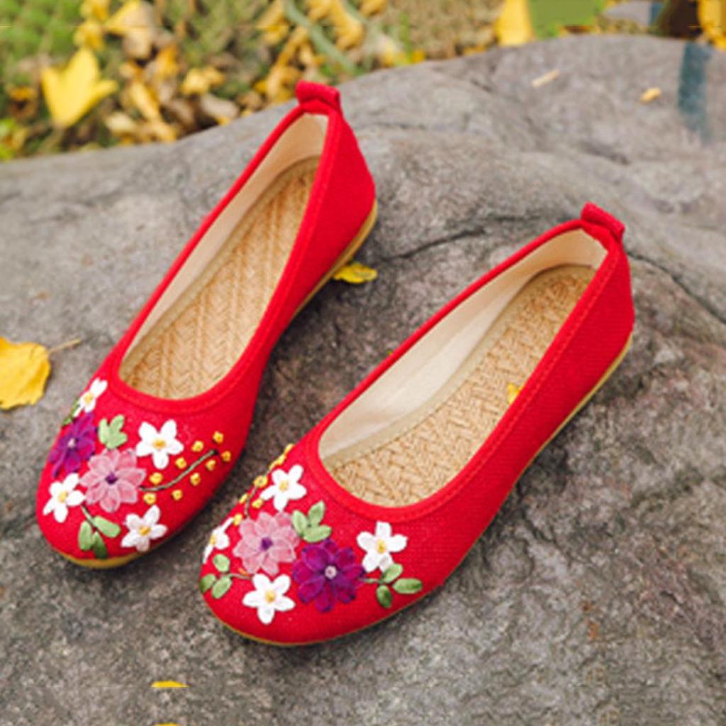 Vintage Embroidered Women Flats Flower Slip On Round Toe Shoes Loafers Ballerina