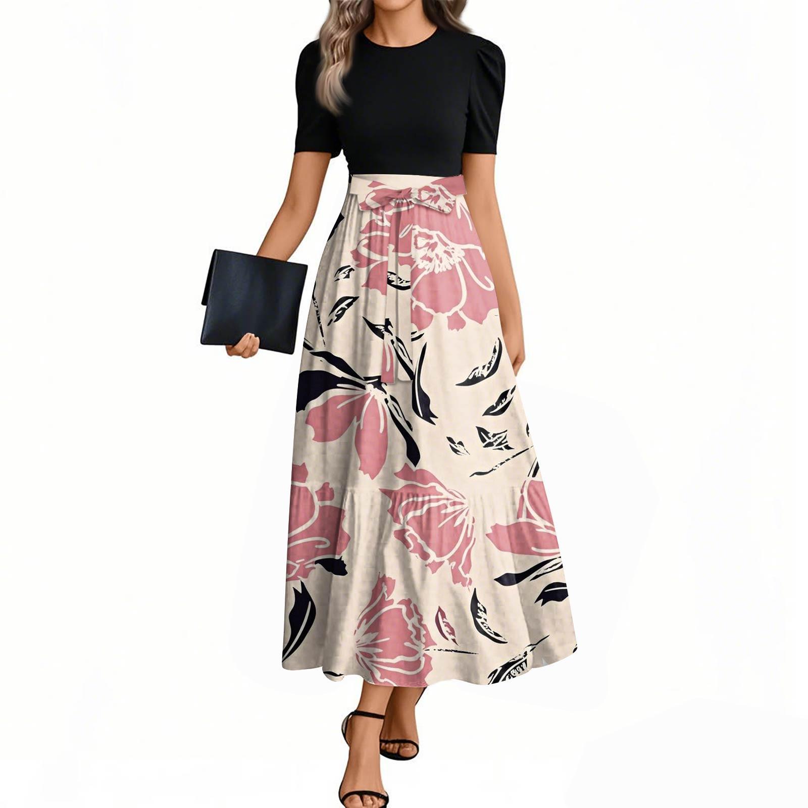 

Женские модные повседневные платья с поясом, короткими рукавами и круглым вырезом, с принтом, элегантные, темпераментные L розовый