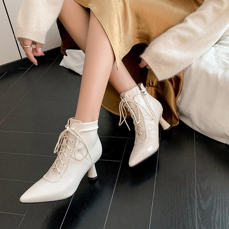 Fashion NEW Autumn Women Boots Pointed Toe Thin Heel Shoes Split Leather Shoes for Women Lace-up Zipper Ankle Boots Elegant Modern Boots