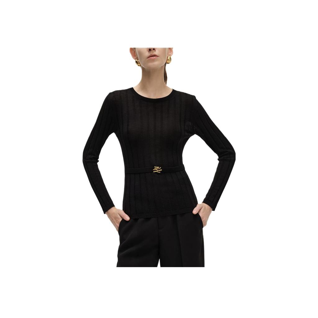 Karl Lagerfeld Outdoor Commuting Party Lightweight Solid Color Belted Round Neck Long Sleeve Sweater Women Sweater Black 241L2012