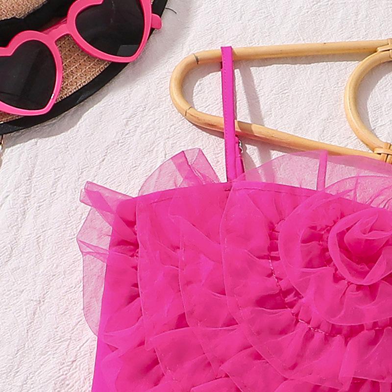 Girls' European & American 3D Flower Spaghetti Strap Top and Irregular Shorts - 2025 Summer Style Set