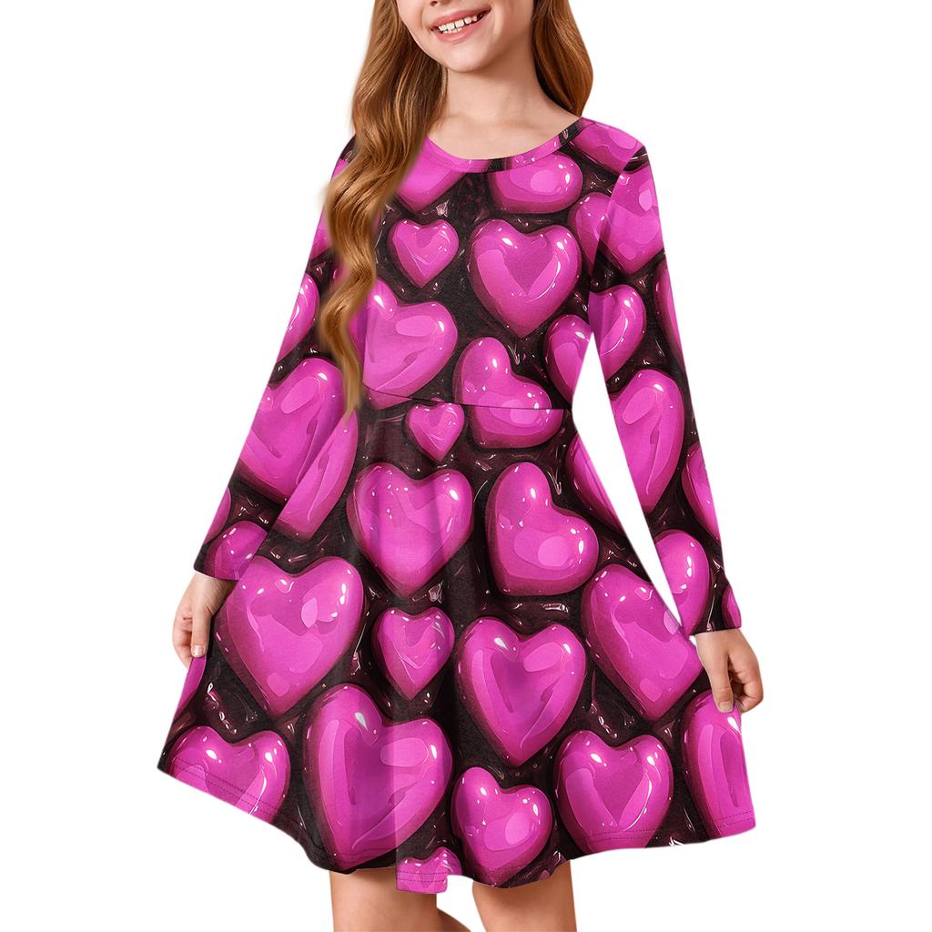 Girls' Summer Princess Dress - Long Sleeve A-Line T-Shirt Dress Valentine's Day