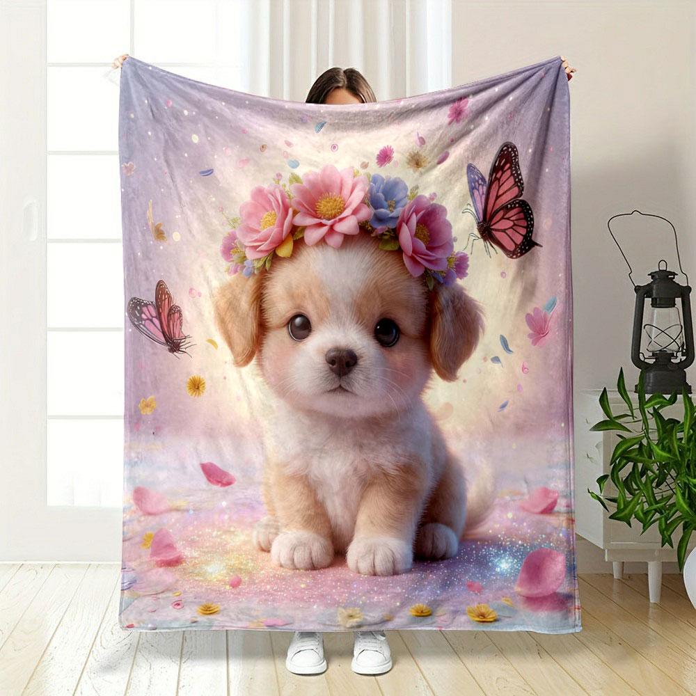 Pink Animal Wearing A Flower Wreath Printed Blanket, All-Season Multi-Use for Nap, Camping, Travel, Car, Sofa Luxury Gift