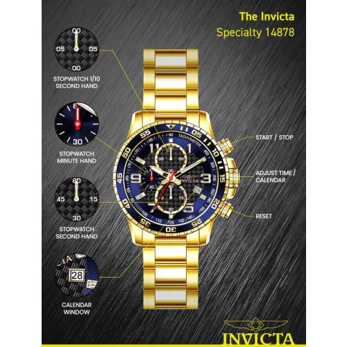 Invicta Specialty Quartz Watch, 45mm Case, Gold with Stainless Steel Strap, Black with Blue Dial, 14878, Men's, Officially Imported